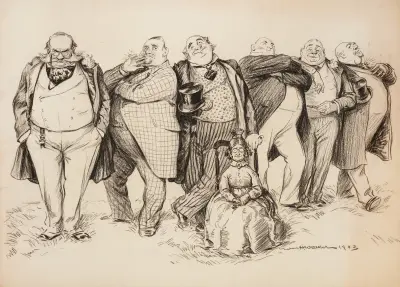 Mehrere große Männer in Anzügen stehen hinter einer kleinen älteren Frau in einem Stuhl von William Henry Walker
