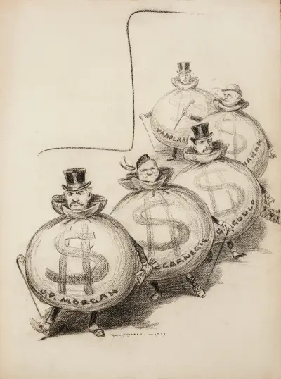 Kilku mężczyzn przedstawionych jako tłuste worki z pieniędzmi; J.P. Morgan, Andrew Carnegie, G. Gould, Hanna i Vanderbilt, William Henry Walker