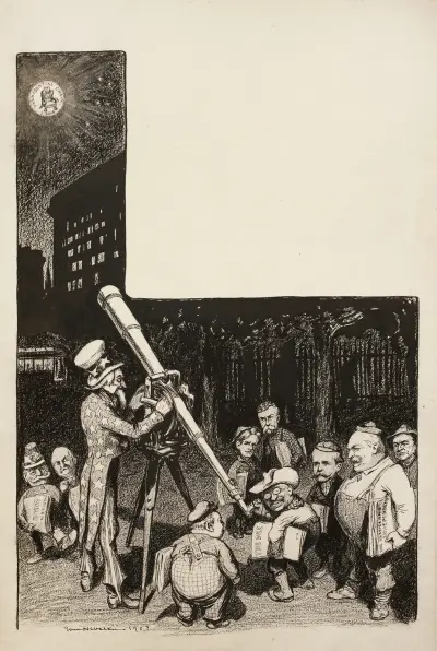 Mehrere Männer stehen Schlange, um durch ein von Uncle Sam betriebenes Teleskop zum Mond zu schauen, auf dem der Präsidentenstuhl steht von William Henry Walker