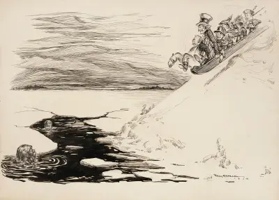 Mehrere Männer auf einem Schlitten, der einen Hang hinab zu einem Eisloch gleitet von William Henry Walker