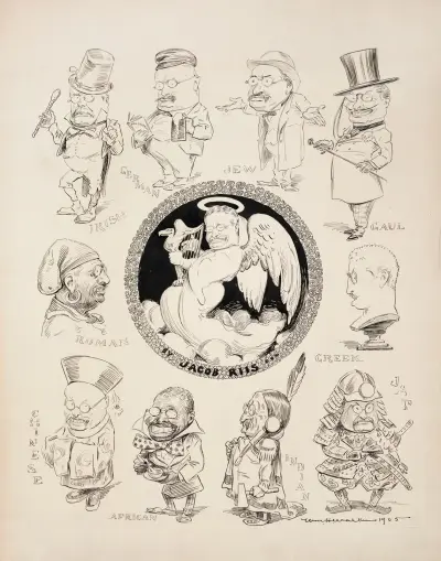 Mehrere Porträts von Theodore Roosevelt als verschiedene Ethnien. In der Mitte ist er als Engel dargestellt. von William Henry Walker