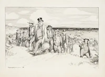 Schiffsladungen von Männern, möglicherweise Iren, landen an einem Ufer. Der erste Ort, an dem viele Halt machen, ist ein Saloon von William Henry Walker