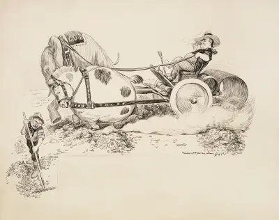 Der Elefant der Republikanischen Partei und ein fetter Hengst, der die Trusts verkörpert, sind gemeinsam vor einen Pflug gespannt, der Geld erntet von William Henry Walker