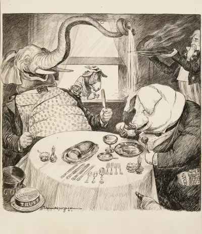 Die Elefanten der Republikanischen Partei und ein Schwein, das die Trusts (einschließlich Stahl, Kupfer, Zucker und Öl) repräsentiert, halten ein üppiges Festmahl, das ihnen von Uncle Sam serviert wird von William Henry Walker