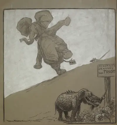 Słoń Partii Republikańskiej reaguje strachem na istotę częściowo gadzią, częściowo słoniową, William Henry Walker