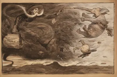 Die republikanische Partei als Elefant mit einem Banner „High Tariff“, während ein Mann, der die Republikaner des Ostens repräsentiert, von einem Tornado weggeblasen wird von William Henry Walker