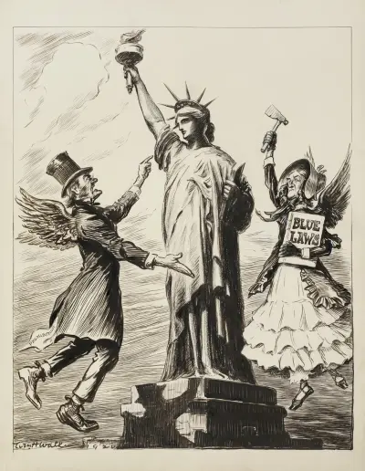 Die Freiheitsstatue wird von einem Mann, der die Prohibition repräsentiert, und einer Frau, die die Blue Laws repräsentiert, angegriffen von William Henry Walker