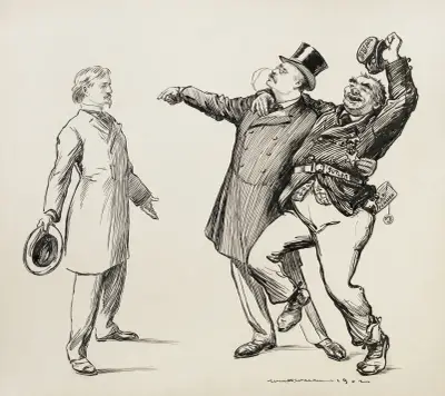 Theodore Roosevelt ramię w ramię z mężczyzną z napisem „Bum” na kapeluszu, William Henry Walker