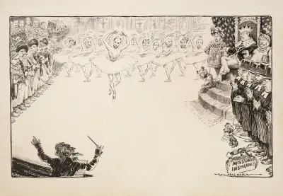 Theodore Roosevelt jako król, obserwujący występ baletowy grupy mężczyzn w kobiecych strojach, William Henry Walker