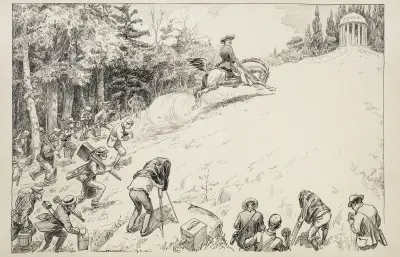 Theodore Roosevelt reitet einen Hügel hinauf zu einem Gebäude, das den Ruhm symbolisiert, gefolgt von einer Gruppe Fotografen statt einer Armee von William Henry Walker