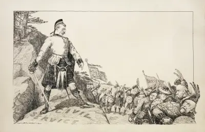 Theodore Roosevelt broni wzgórza symbolizującego służbę cywilną przed armią z flagami o napisach „spoils” i „bosses”, William Henry Walker