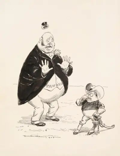 Theodore Roosevelt przebrany za kowboja, z mieczem w ręku, grozi znacznie większemu, przestraszonemu mężczyźnie symbolizującemu Trusty, William Henry Walker