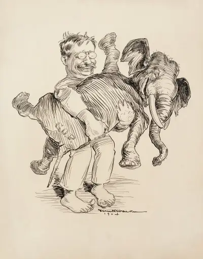 Theodore Roosevelt trzyma słonia Partii Republikańskiej. Oboje się śmieją, William Henry Walker