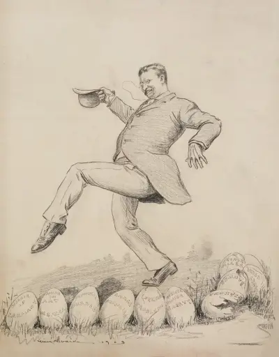 Theodore Roosevelt stepping lightly over eggs that represent potential problems von William Henry Walker