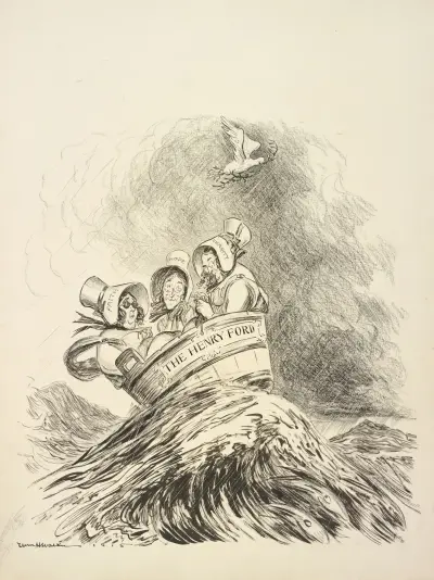 Drei als Frauen verkleidete Männer mit Hauben, die Glaube, Hoffnung und Liebe lesen, reiten auf einem stürmischen Meer in einer Wanne mit der Aufschrift „The Henry Ford“ von William Henry Walker
