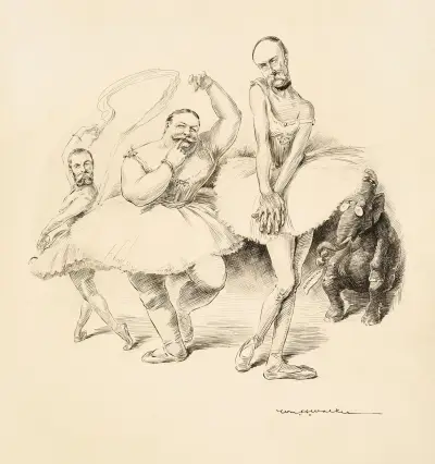 Trzech mężczyzn w baletowych kostiumach, w tym William Howard Taft, tańczy dla słonia Partii Republikańskiej o nominację prezydencką, William Henry Walker