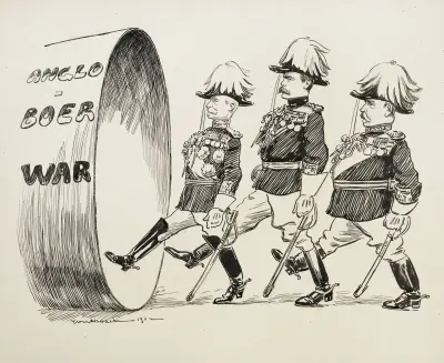 Drei Männer, Roberts, Kitchener und Buller, marschieren entschlossen in den Burenkrieg von William Henry Walker