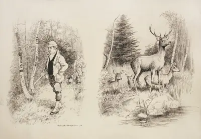 Dwaj myśliwi idą przez las, William Henry Walker