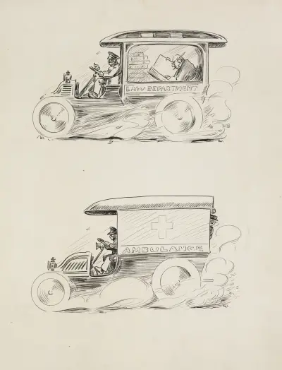 Dwa obrazy pojazdu. Na pierwszym jest to wydział prawny; na drugim jest to ambulans, William Henry Walker