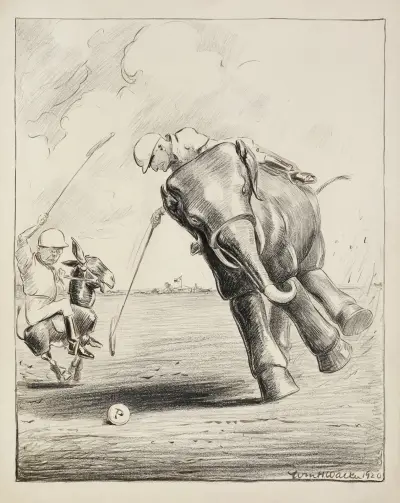 Dwóch mężczyzn grających w polo, jeden na ośle Partii Demokratycznej, drugi na słoniu Partii Republikańskiej, William Henry Walker