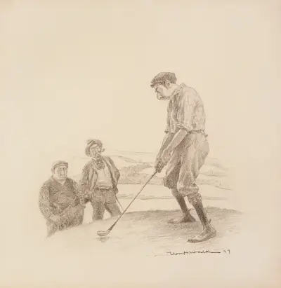Dwóch mężczyzn patrzy, jak trzeci szykuje się do zamachu kijem golfowym, William Henry Walker