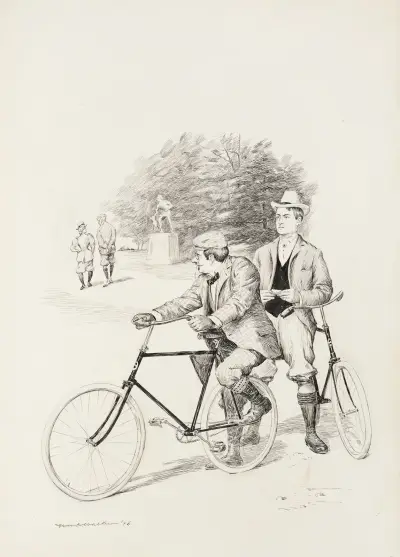 Dwóch mężczyzn z rowerami w parku, William Henry Walker