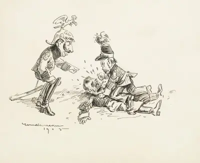 Dwóch dowódców wojskowych walczy, obserwowanych przez cesarza Wilhelma II, William Henry Walker