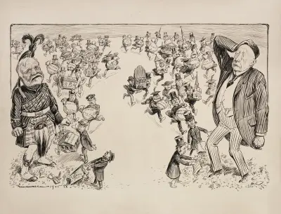 Dwaj filantropi, jeden z nich Andrew Carnegie, płaczą, gdy mali rozgniewani ludzie odbierają swoje dary i je odrzucają, William Henry Walker