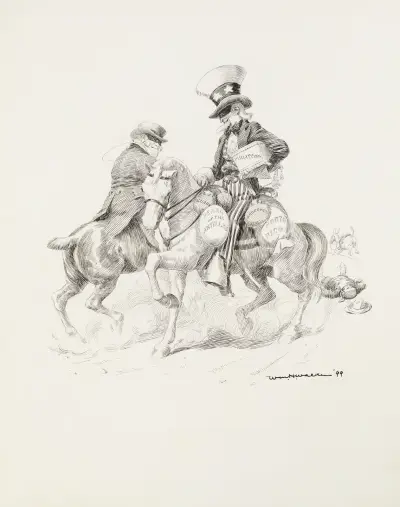 Uncle Sam und ein weiterer Mann als Banditen zu Pferd von William Henry Walker