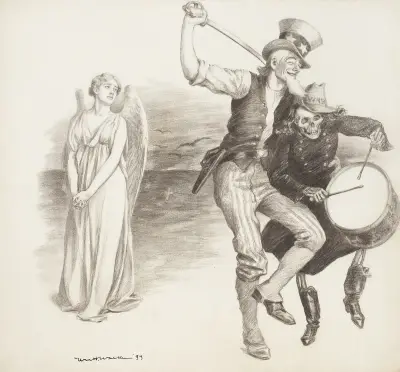 Onkel Sam tanzt mit einem Skelett in Uniform, das den Krieg repräsentiert, während ein weiblicher Engel sie beobachtet und weint von William Henry Walker
