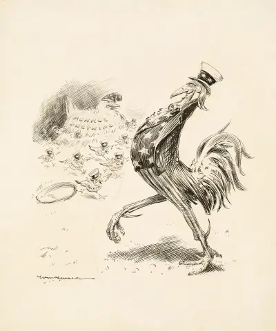 Wuj Sam przedstawiony jako dumny kogut, a Doktryna Monroe'a jako jego kura, William Henry Walker