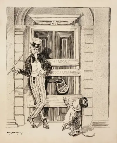 Wuj Sam zamyka drzwi do USA przed Chińczykiem, z tablicami „Chinese Exclusion”, William Henry Walker