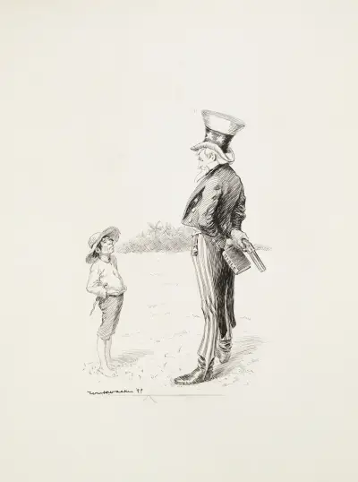 Onkel Sam mit einer Pistole und einer Bibel hinter dem Rücken spricht mit einem Mann aus einem tropischen Land von William Henry Walker