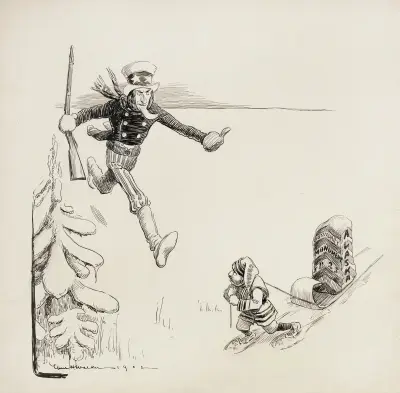 Onkel Sam eilt, um einen kleinen Mann aufzuhalten, der das Grenzmonument von Alaska von 1825 verschiebt von William Henry Walker