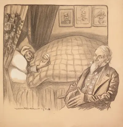 Onkel Sam sitzt lächelnd am Bett eines kranken Mannes, der die Monroedoktrin repräsentiert von William Henry Walker