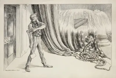 Wuj Sam przed drzwiami z napisem „pokój, prawo, porządek” przygotowuje się do uderzenia w węża symbolizującego anarchię, William Henry Walker