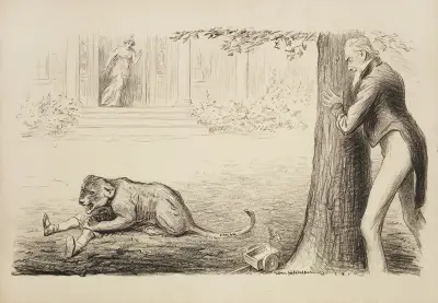 Uncle Sam beobachtet hinter einem Baum, wie ein Löwenjunges einen Jungen anfällt von William Henry Walker