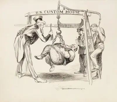 Uncle Sam wiegt einen dicken Mann im U.S. Custom House von William Henry Walker