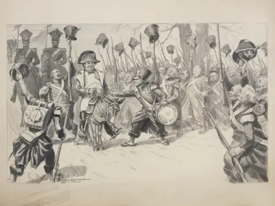 William Jennings Bryan jako generał, jadący na ośle Partii Demokratycznej i oklaskiwany przez swoje wojska, William Henry Walker