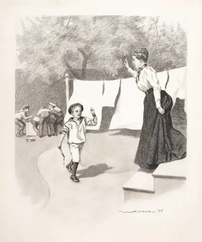 Kobieta na schodach woła do chłopców w marynarskich strojach, William Henry Walker