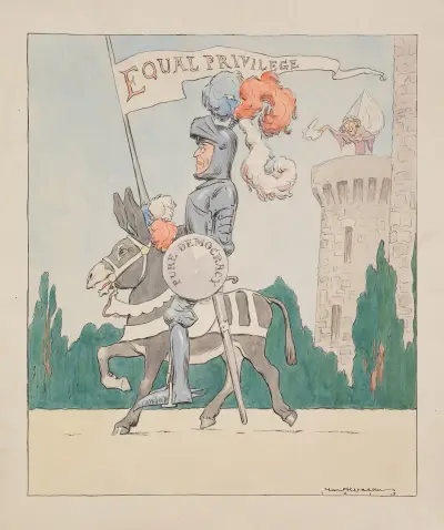 Woodrow Wilson jako średniowieczny rycerz. Jego koń to osioł Partii Demokratycznej, jego tarcza to 'czysta demokracja', a jego lanca to 'równość przywilejów', William Henry Walker