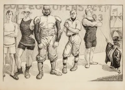 Junge Männer in Sportuniformen verschiedener Sportarten unter einem Schild mit der Aufschrift „College opens Oct. 1st.“ von William Henry Walker