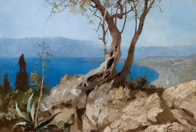 Lake view with rocky edge (Harbour view with rocky edge) av Henryk Siemiradzki