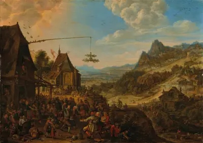 Rhenskt landskap med byfest av Herman Saftleven