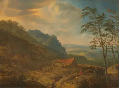 Berglandschap met boerderij av Herman Saftleven