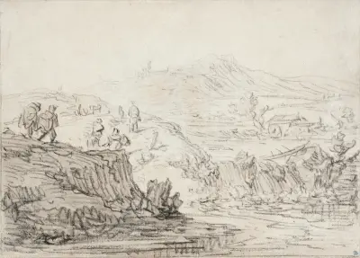 Kuperat landskap med bäck och figurer av Herman Saftleven