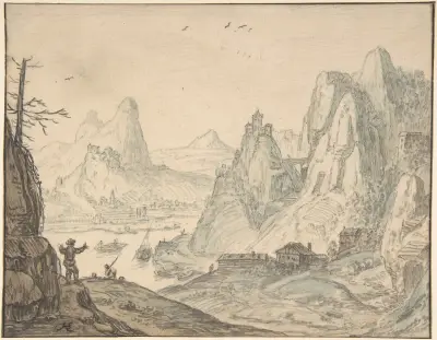Flodlandskap med berg av Herman Saftleven