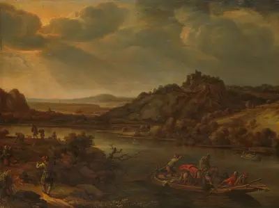 Riviergezicht met veerpont av Herman Saftleven
