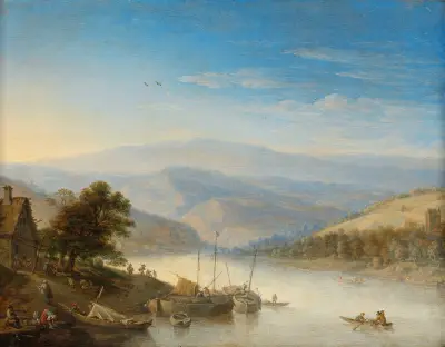 View of the Rhine River near Andernach av Herman Saftleven