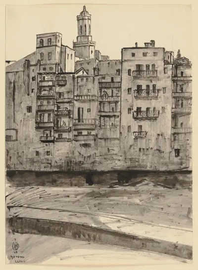 Girona sett från floden, med katedralens torn i bakgrunden av Hermann Lismann